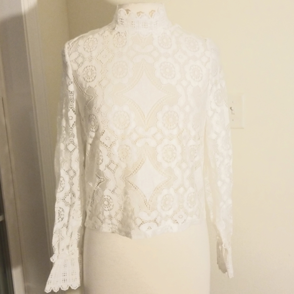 🤣Stunning October Love ❤️White Lace Top (See Thru)-Blouse love you too 💜💙🐦💕 - Picture 9 of 12